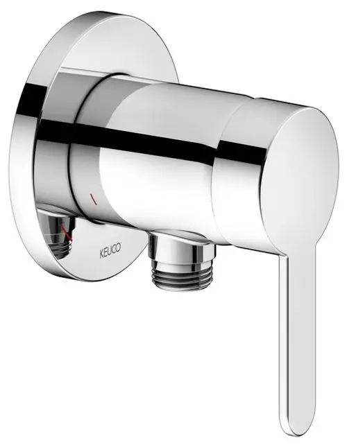 Wasserhahn von Keuco, wandmontiert mit einem runden Auslauf und einem seitlichen Hebelgriff. Verchromte Oberfläche, minimalistisches Design.